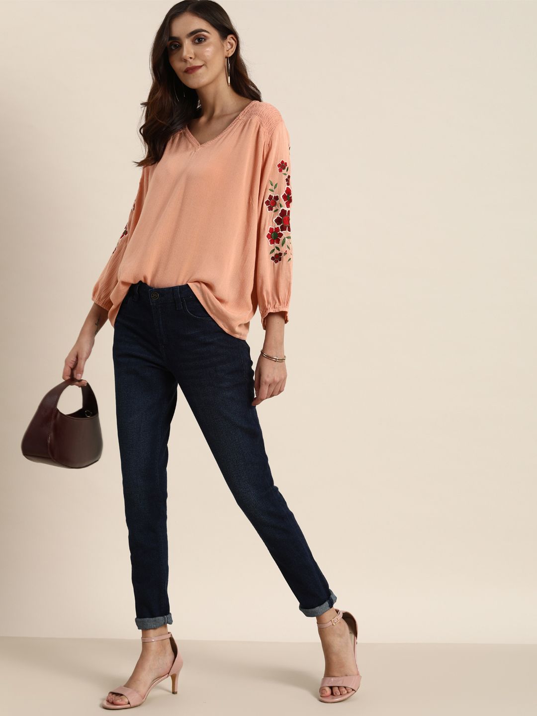 all about you Coral Pink Regular Top With Embroidery