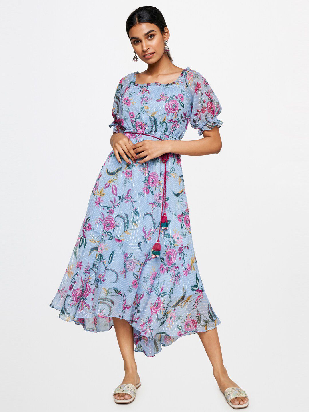 Global Desi Floral Printed Belted Maxi Dress