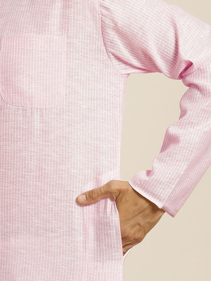 SOJANYA Men Pink & White Striped Cotton Straight Kurta