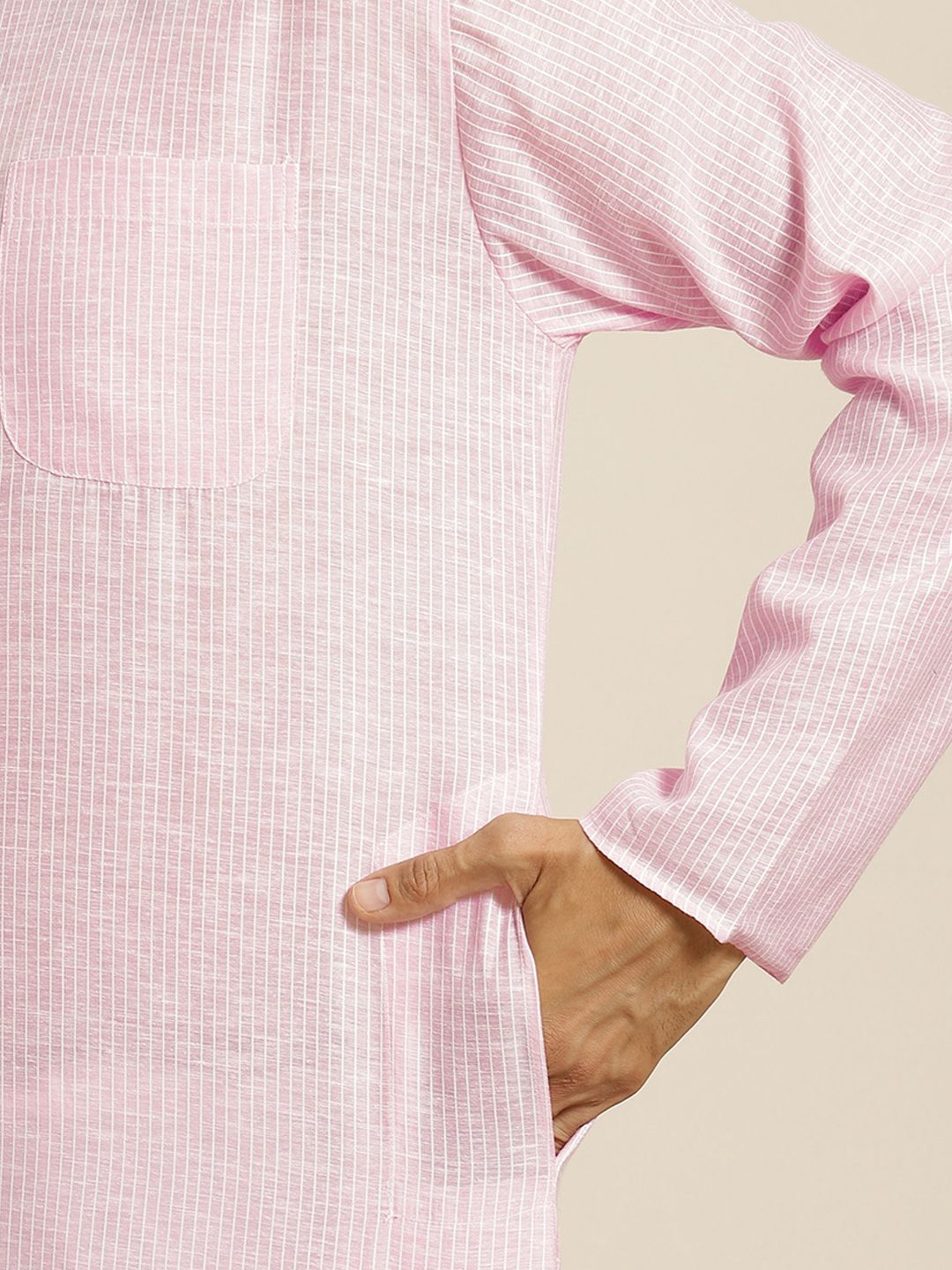 SOJANYA Men Pink & White Striped Cotton Straight Kurta