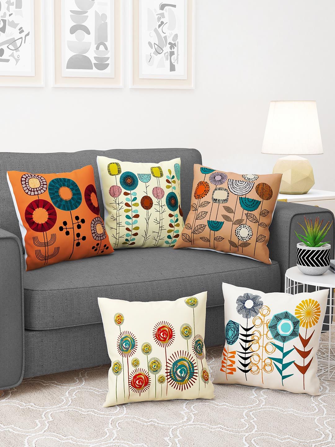 Story@home Mustard & Green 5 Pieces Floral Square Cushion Covers