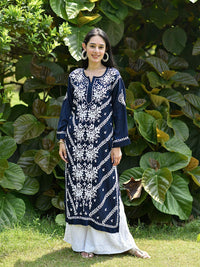Rumah Chikankari Wanita Navy Blue Modal Chikankari Sulam Kurta