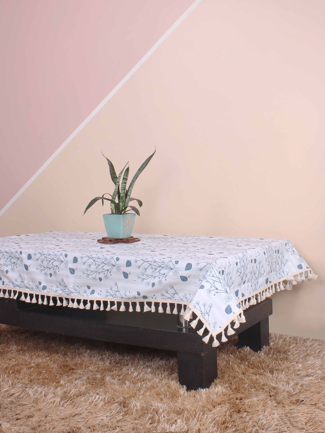 STITCHNEST Blue & White Printed Cotton Rectangular Table Cover