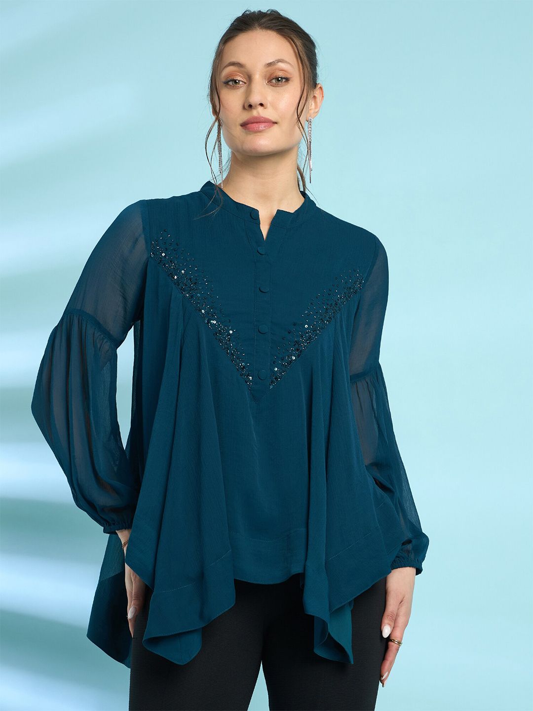 Antheaa Embellished Mandarin Collar Bell Sleeve Chiffon Top