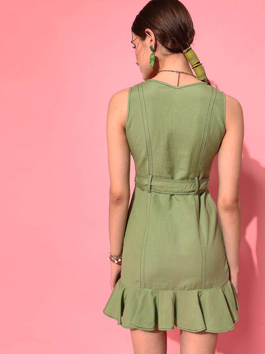 STREET 9 Women Green Solid Sheath Mini Dress