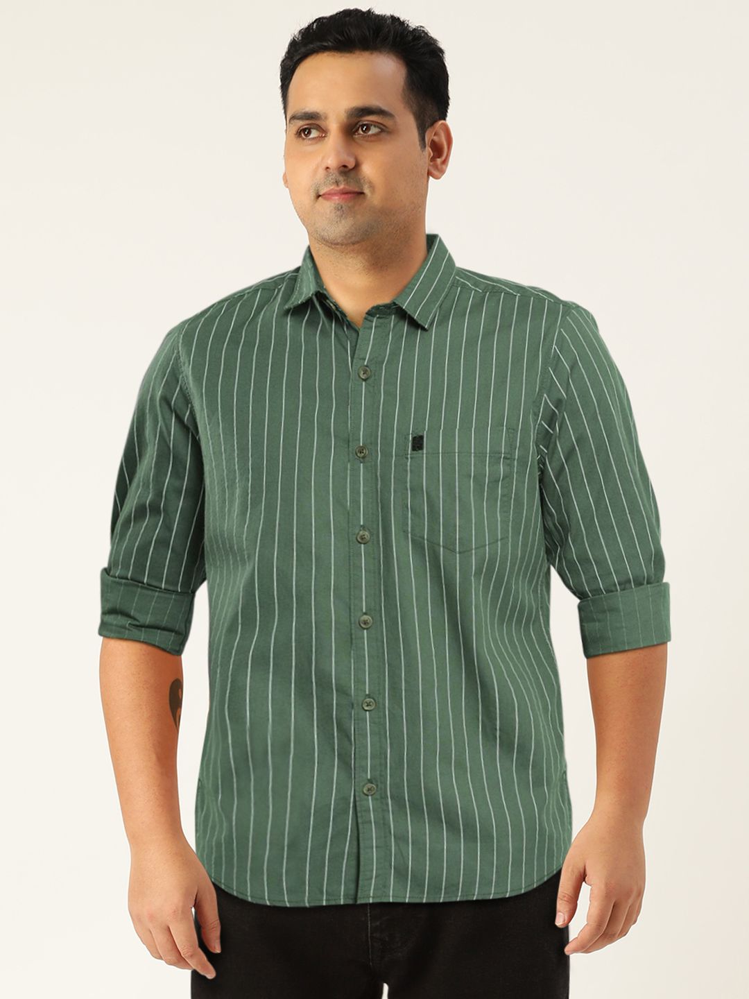The Indian Garage Co Men Green & White Striped Cotton Casual Shirt