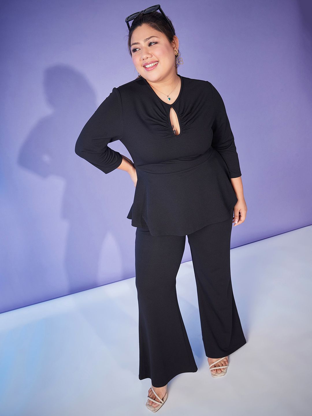 SASSAFRAS Curve Black Plus Size Key-Hole Peplum Top With Trousers Pant Co-Ords Set