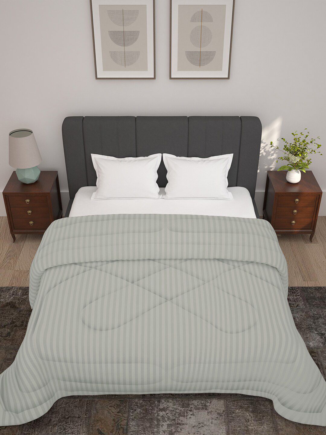 Story@home Grey Striped 180 GSM Ac Room Reversible Double Bed Comforter