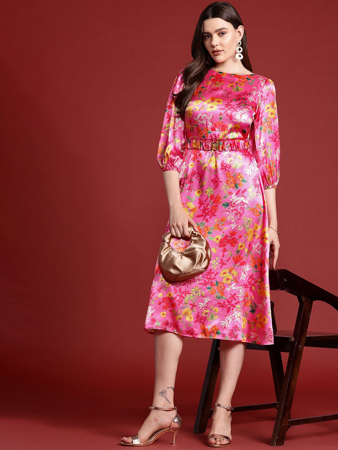 all about you Floral Print Satin A-Line Midi Dress