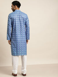 SOJANYA Kurta Bercetak Motif Etnik Biru & Putih Lelaki