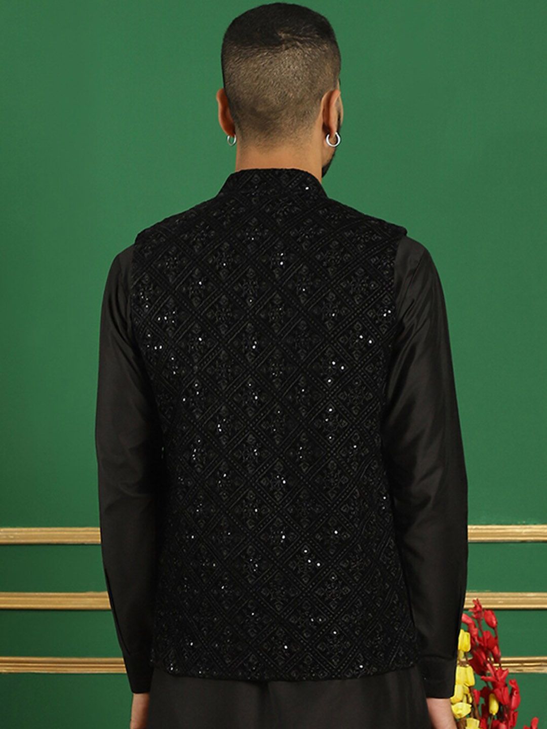 Jompers Sequin Embroidered Mandarin Collar Velvet Nehru Jacket