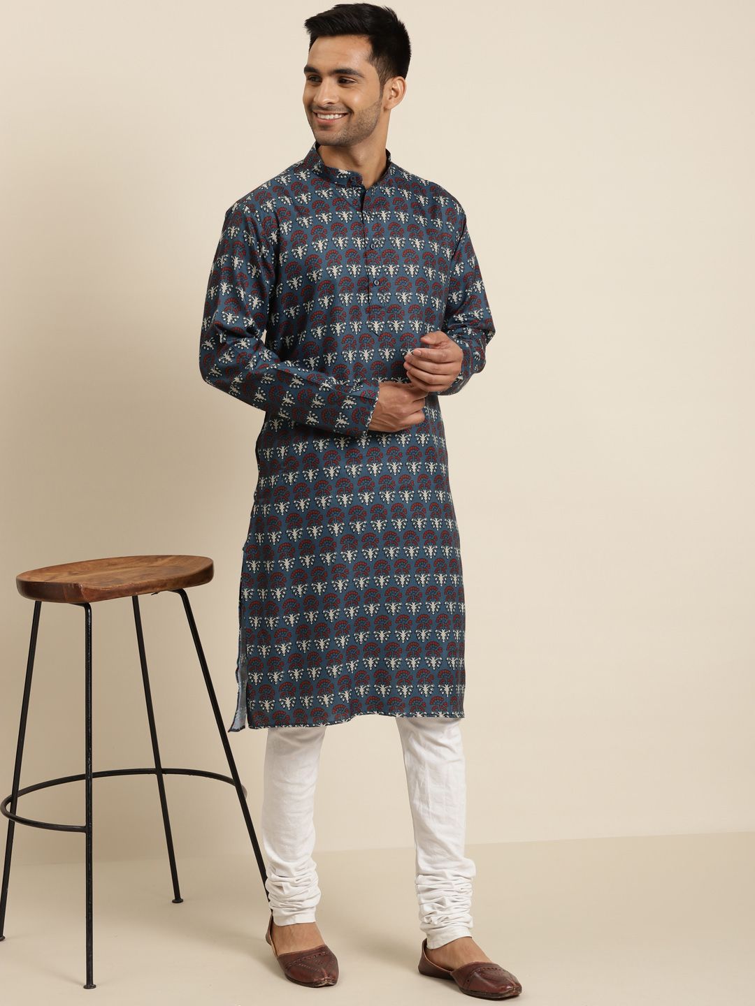 SOJANYA Men Teal Blue & Maroon Ethnic Motifs Printed Cotton Straight Kurta