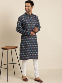 SOJANYA Men Teal Blue & Maroon Ethnic Motifs Printed Cotton Straight Kurta