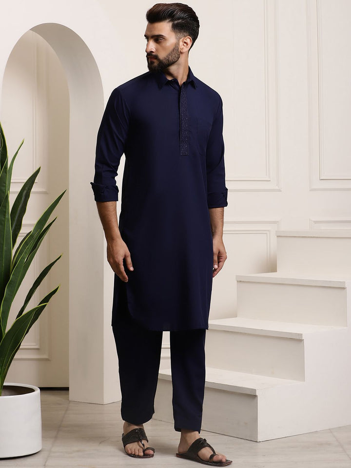 SOJANYA Shirt Collar Curved Hem Pathani Kurta with Salwar