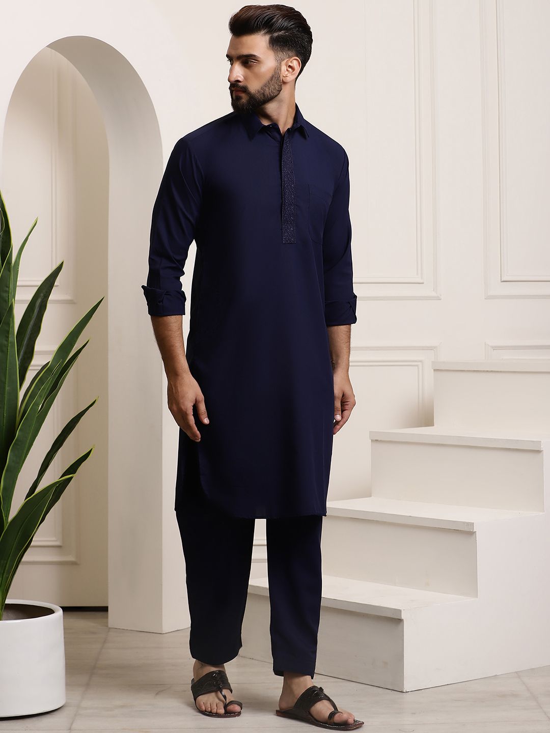 SOJANYA Shirt Collar Curved Hem Pathani Kurta with Salwar