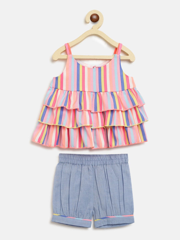 Nauti Nati Girls Pink & Grey Striped Top with Shorts