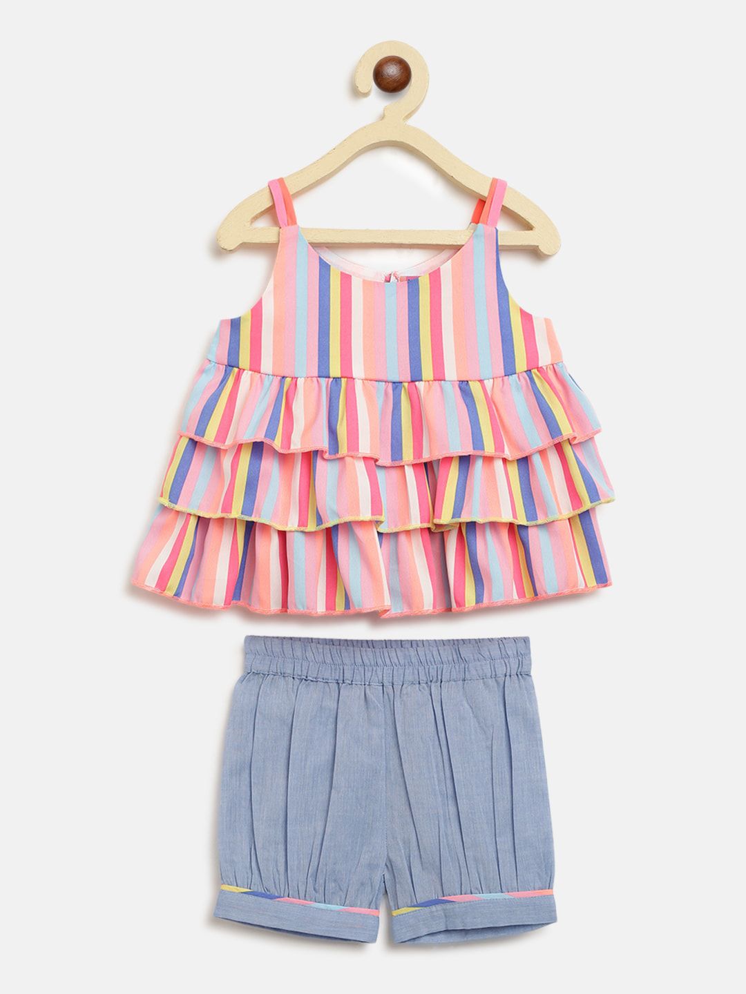 Nauti Nati Girls Pink & Grey Striped Top with Shorts