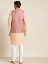 SOJANYA Men Peach-Coloured Chikankari Pure Cotton Kurta with Churidar & Nehru Jacket
