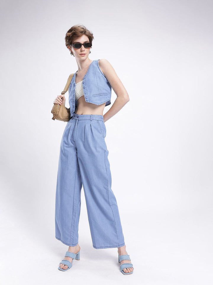DressBerry Urban Chic Chambray Crop Waistcoat Top With Relaxed Trousers