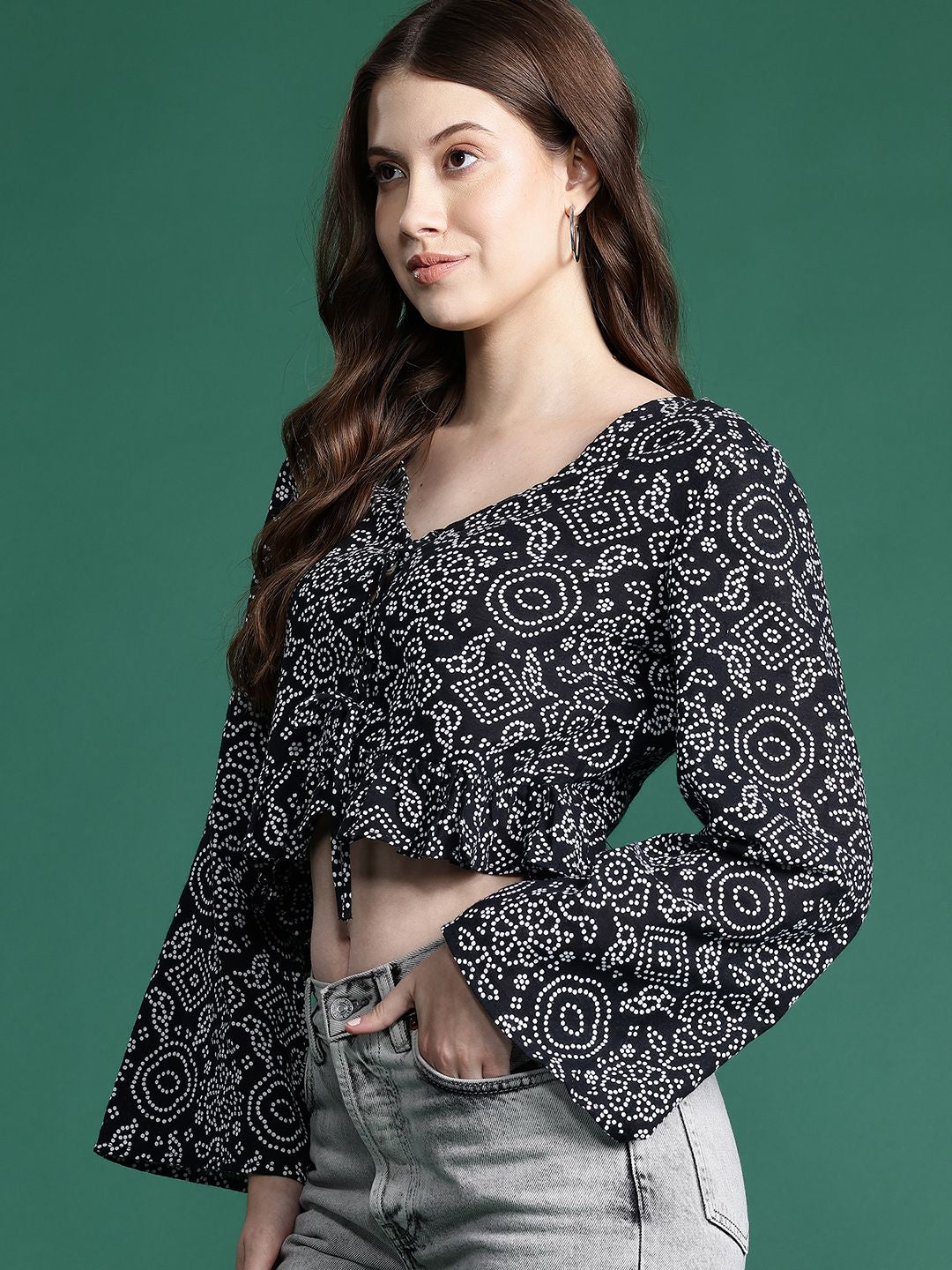 DressBerry Printed Flared Sleeve Cotton Front Tie-Ups Crop Top