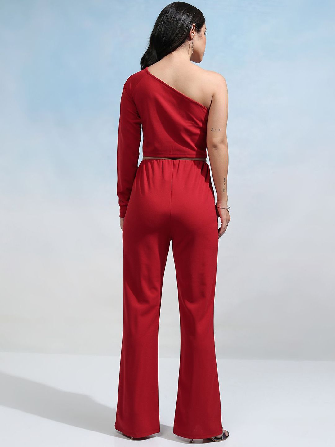 Tokyo Talkies Red One Shoulder Knitted Top With Trousers