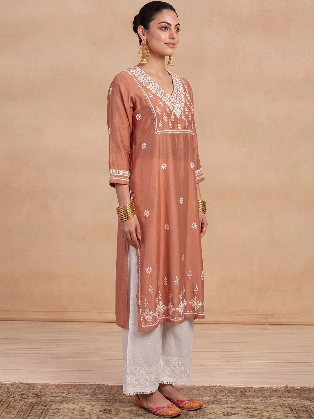 Rumah Wanita Chikankari Sulam Kurta Sutera Chanderi Chikankari