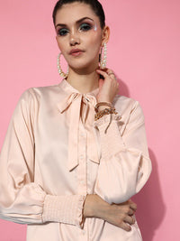 STREET 9 Women Peach-Coloured Tie-Up Casual Shirt