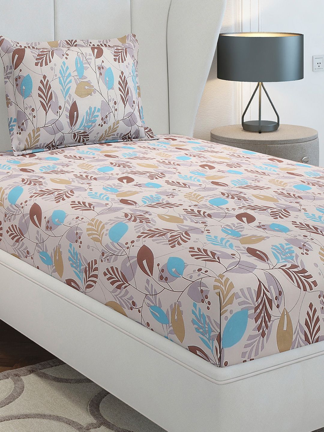 Monte Carlo Beige & Blue Floral Cotton 104 TC Single Bedsheet Set-2.24 m x 1.52 m
