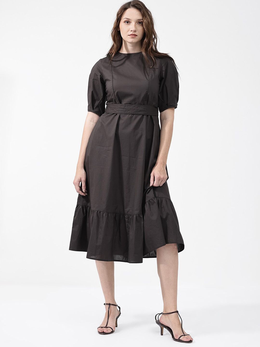 RAREISM Short Sleeves Mandarin Collar Cotton A-Line Midi Dress