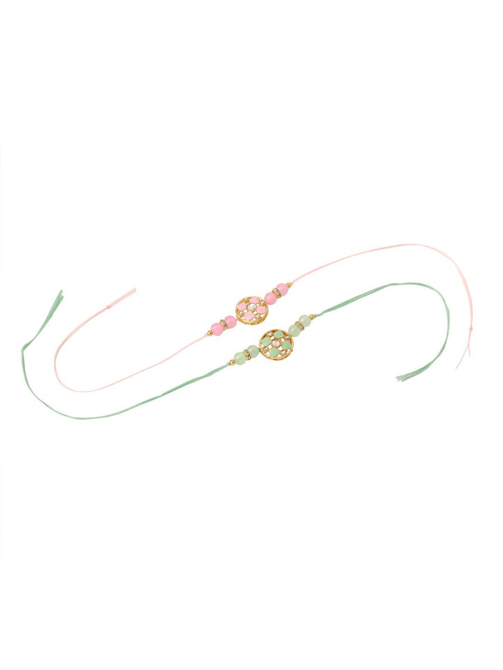 NVR Unisex Set of 2 Artificial Stones & Beads Thread Rakhi with Roli Chawal Chandan Mishri
