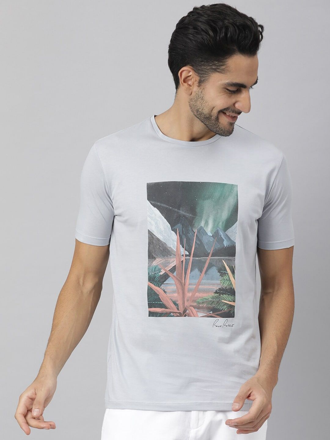 RARE RABBIT Men Mount Printed Pure Cotton Slim Fit T-Shirt