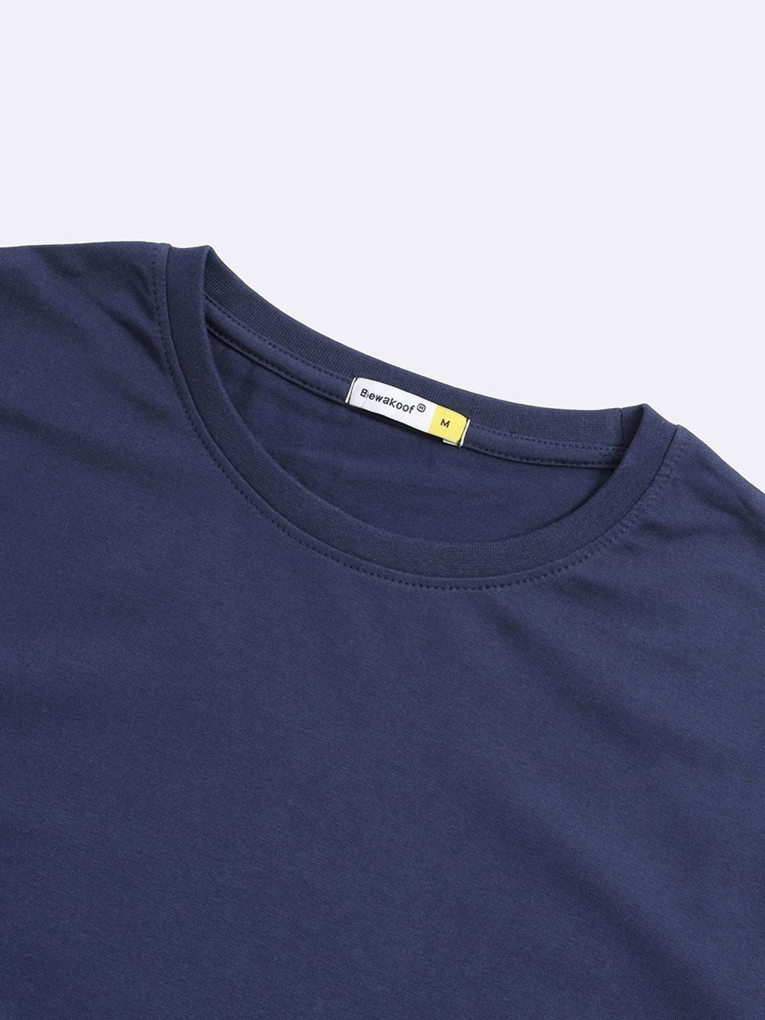 Bewakoof Men Navy Blue Solid Round Neck Pure Cotton T-shirt