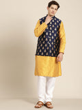 SOJANYA Lelaki Mustard Yellow & Beige Striped Thread Work Straight Kurta Churidar NehruJacket