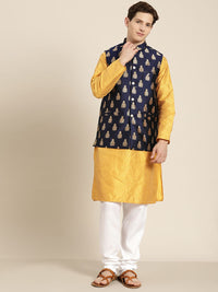 SOJANYA Lelaki Mustard Yellow & Beige Striped Thread Work Straight Kurta Churidar NehruJacket