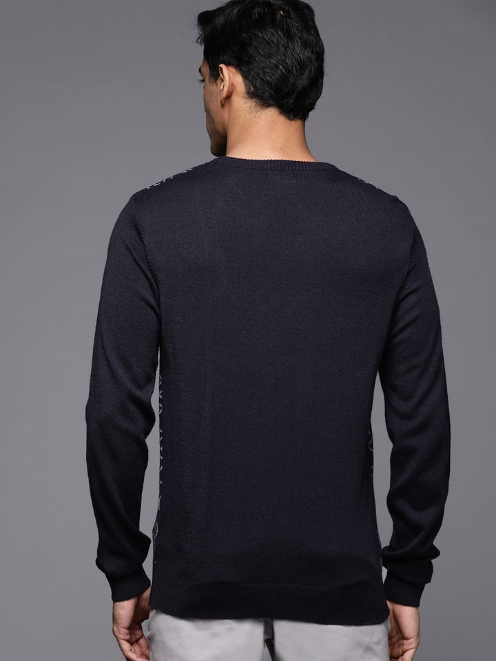 Raymond Men Navy Blue & Grey Self-Design Pullover