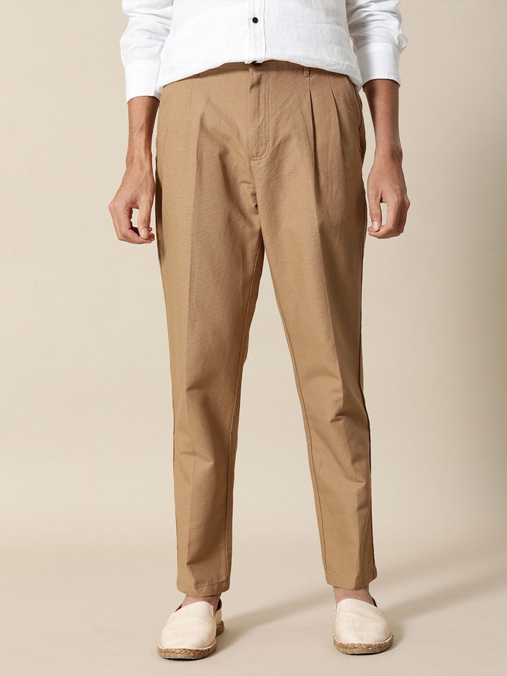Mr Bowerbird Men Camel Brown Liberal Fit Pleated Trousers