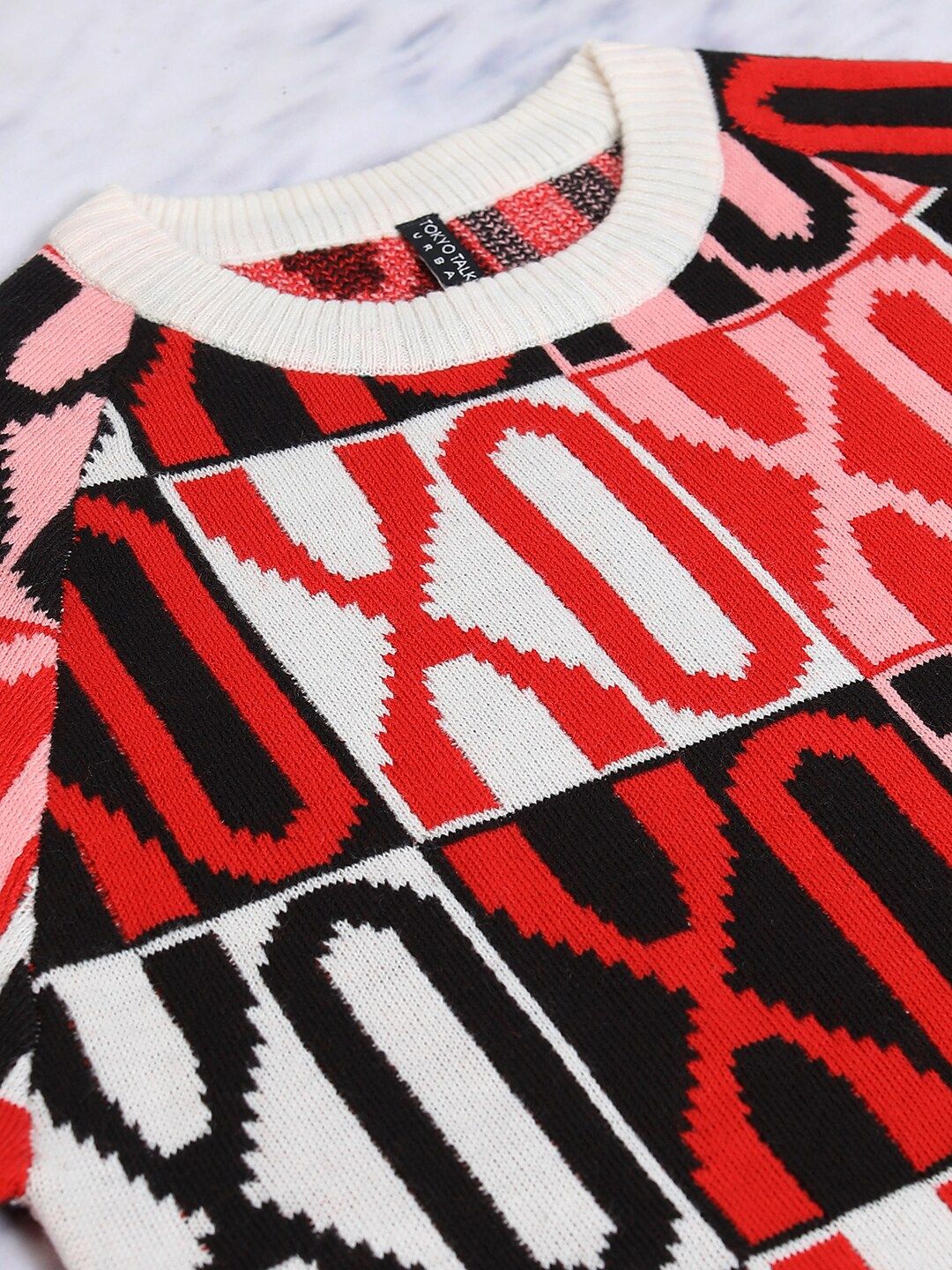 Tokyo Talkies White Self Design Acrylic Pullover Sweater