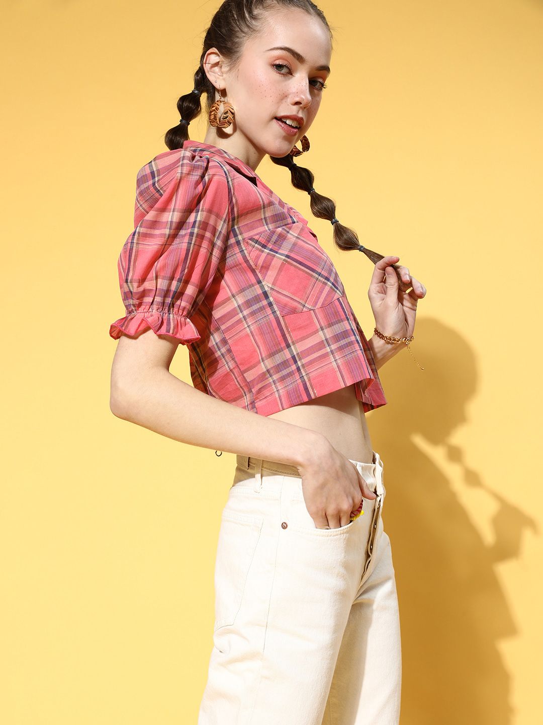 Antheaa Women Pretty Pink Checked Summer Gingham Top