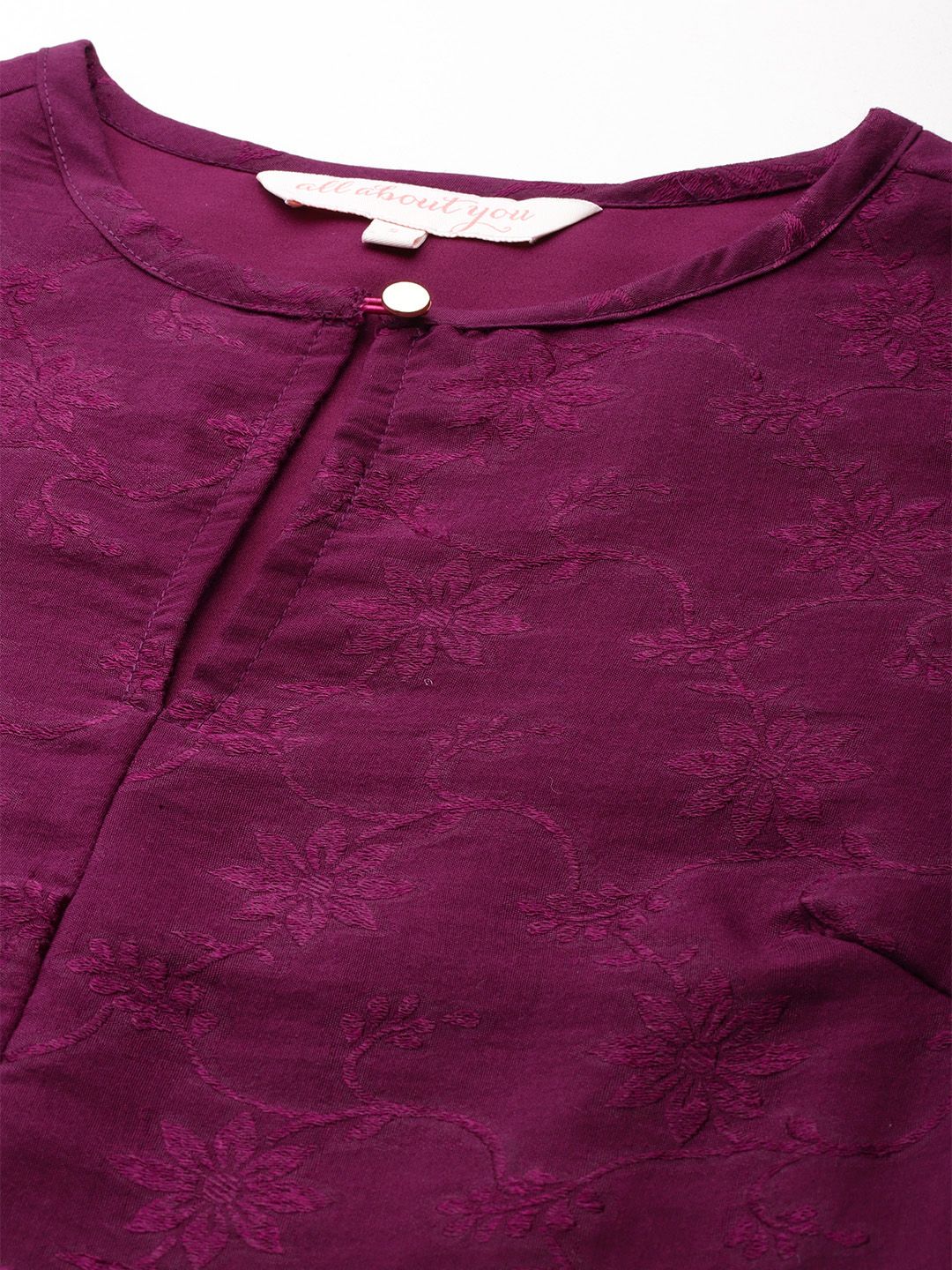 all about you Floral Print Embroidered Puff Sleeves A-Line Dress With Tie-Up Waist