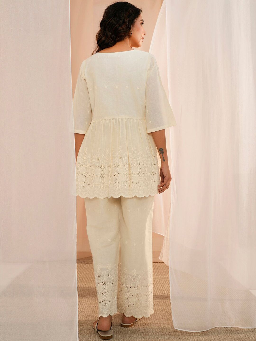 Libas Off White Self Design Round Neck Pure Cotton Kurti With Palazzos