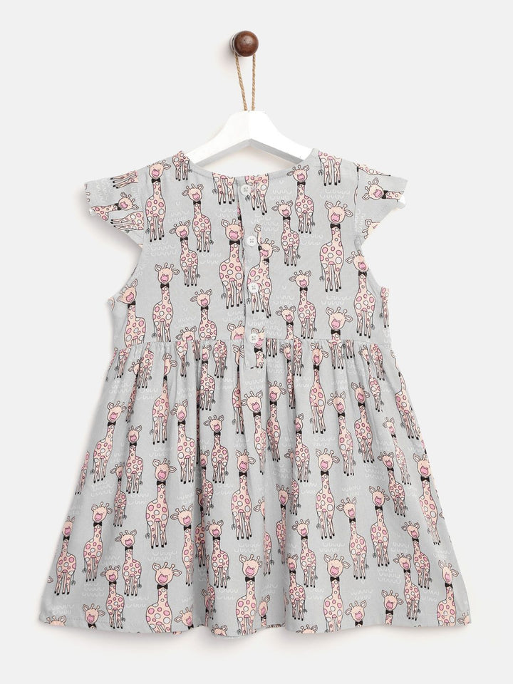 YK Infant Girls Grey & Peach-Coloured Giraffe Print Fit & Flare Dress