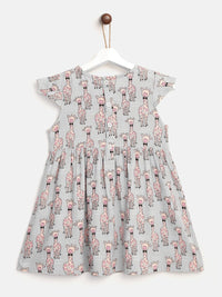 YK Infant Girls Grey & Peach-Coloured Giraffe Print Fit & Flare Dress