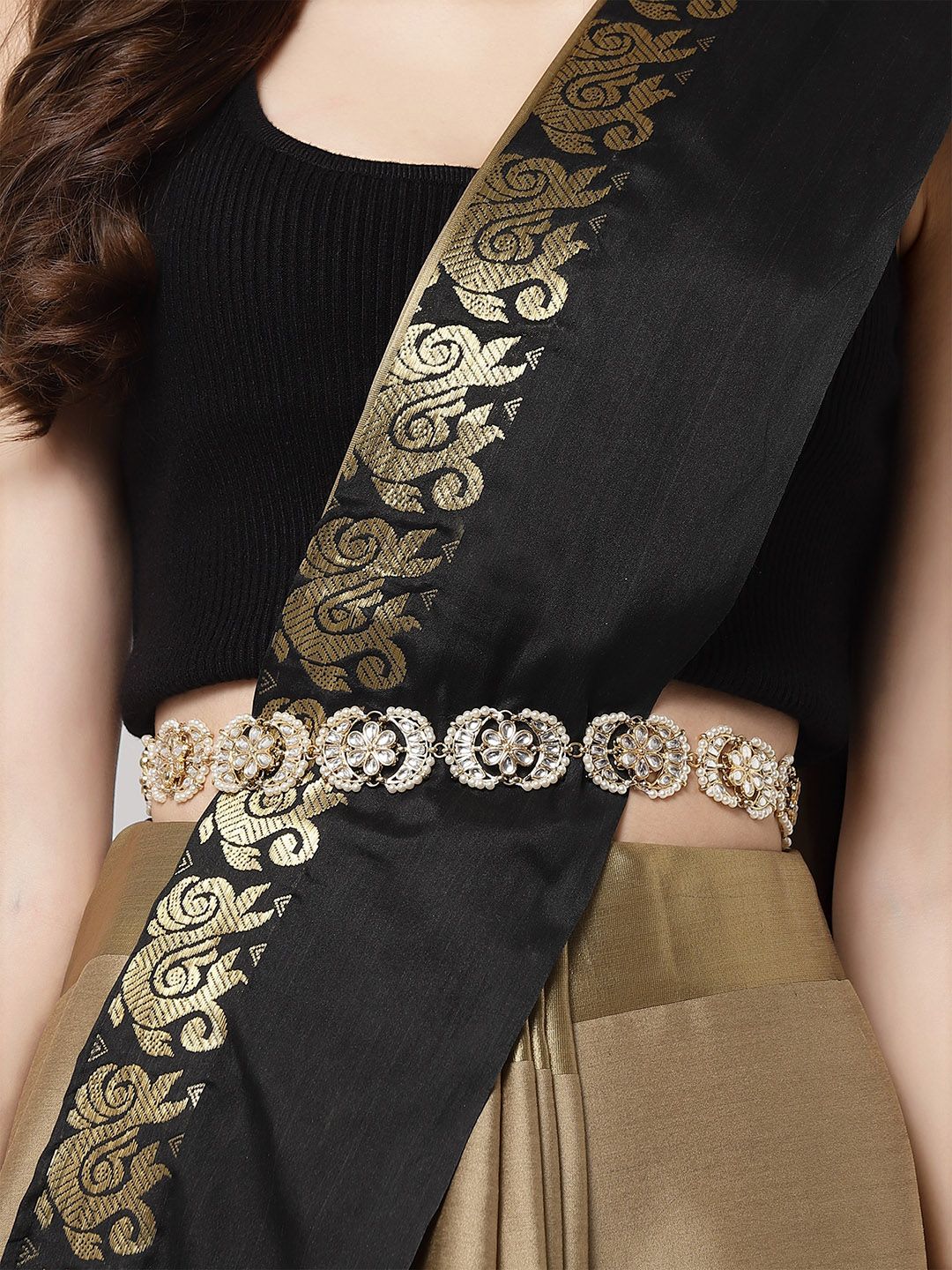 KARATCART Women Gold-Toned & White Beaded Kamarbandh