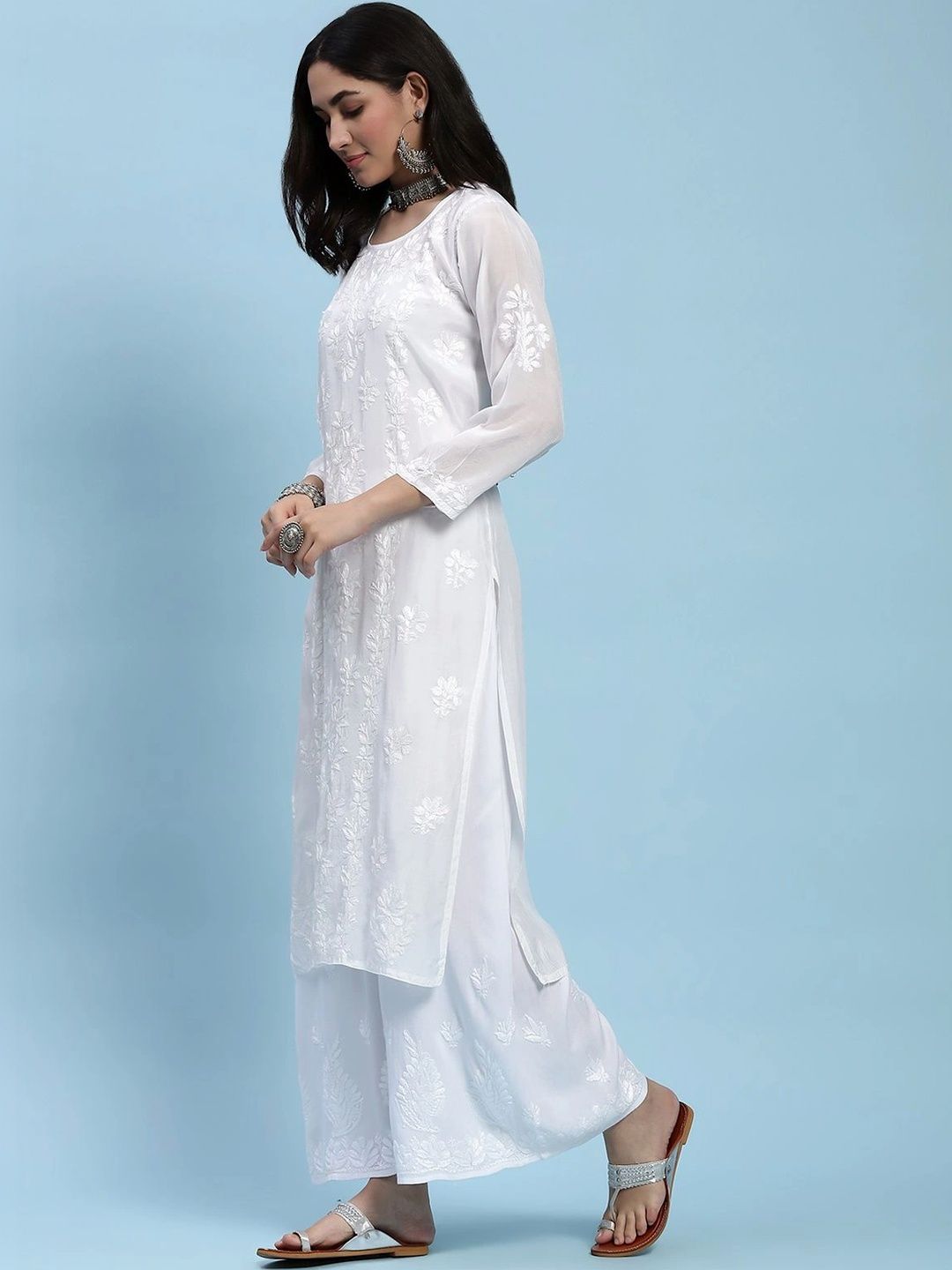 Rumah Wanita Chikankari Motif Etnik Bersulam Kurta Chikankari