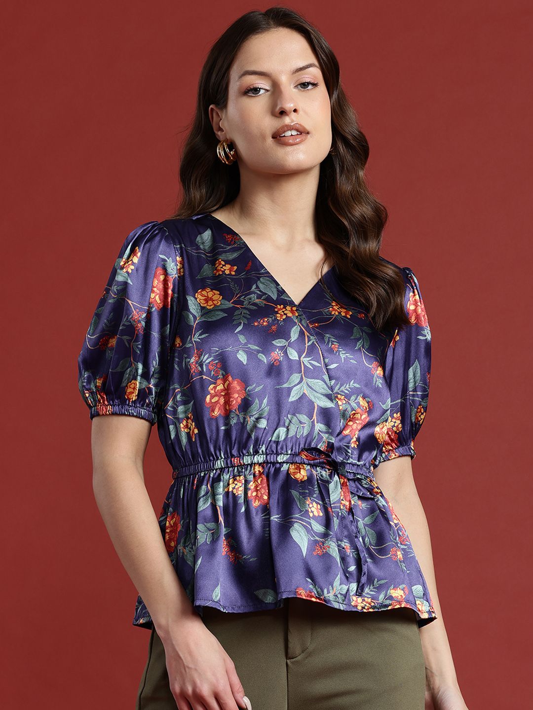 all about you Floral Print Satin-Finish Cinched Waist Top