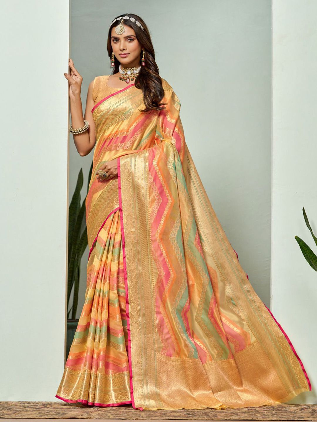 KALINI Women Silk Blend Woven Banarasi Saree With Blouse Piece