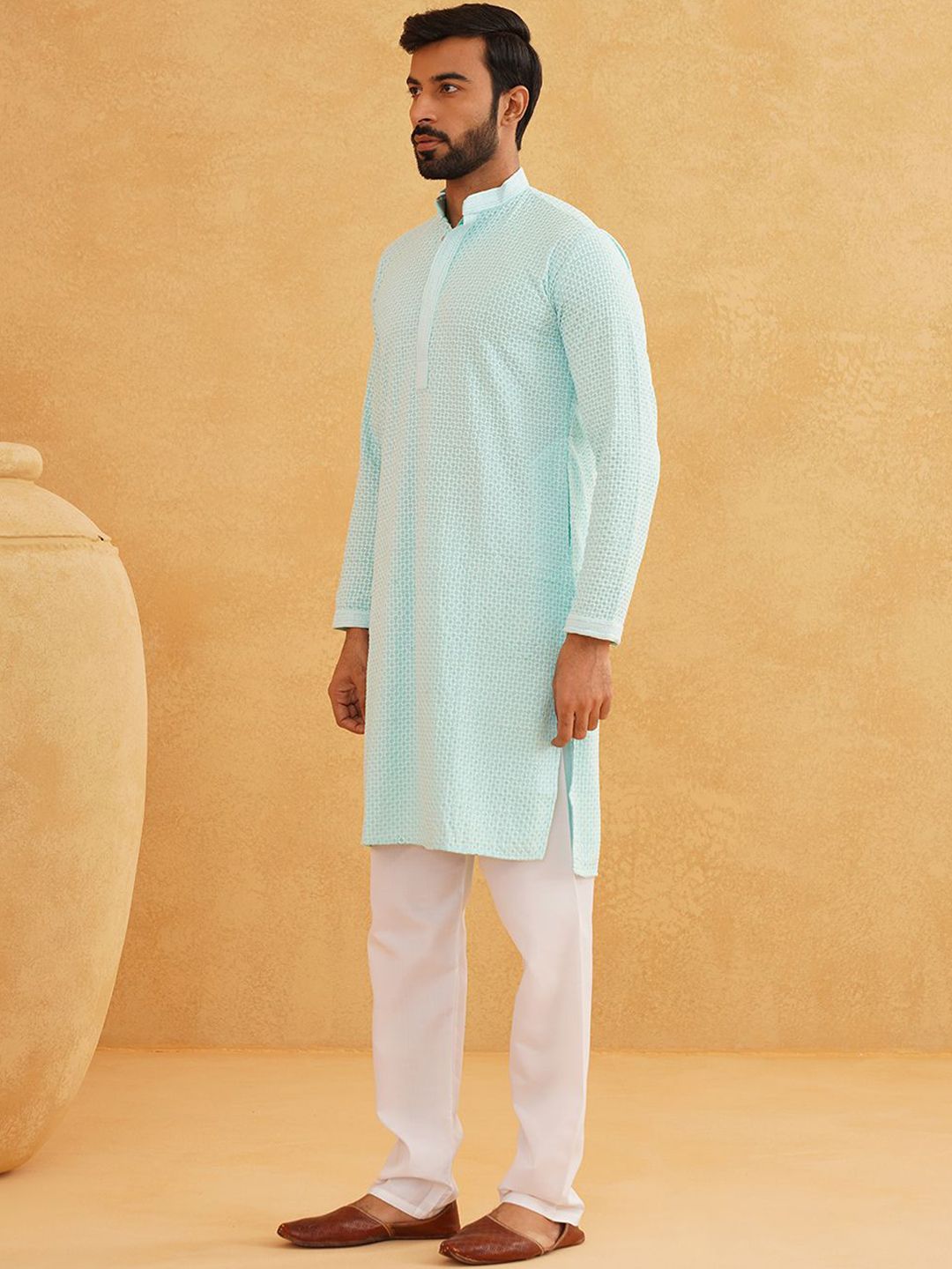 SOJANYA Geometric Embroidered Regular Pure Cotton Straight Kurta With Churidar