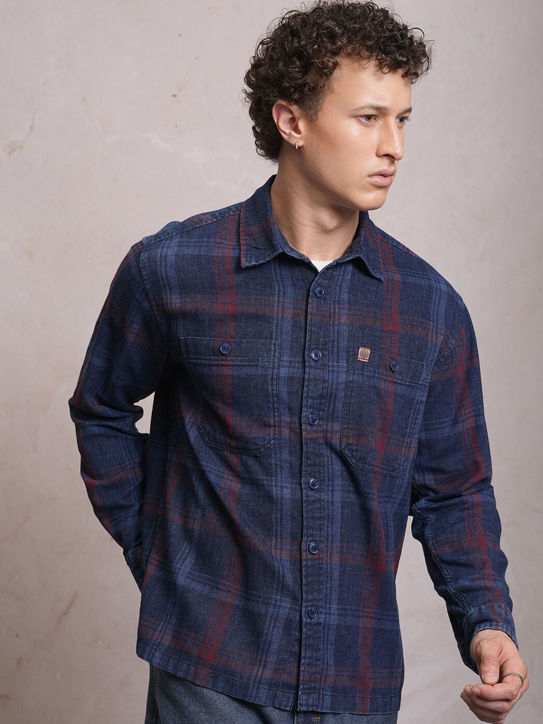 LOCOMOTIVE Premium Indigo Dobby Textured Checked Utility Pocket Overshirt
