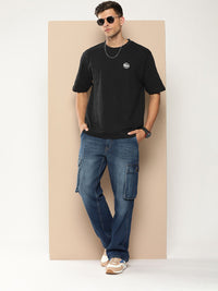 Difference of Opinion Men Black Solid Cotton Drop-Shoulder Oversized Fit T-shirt