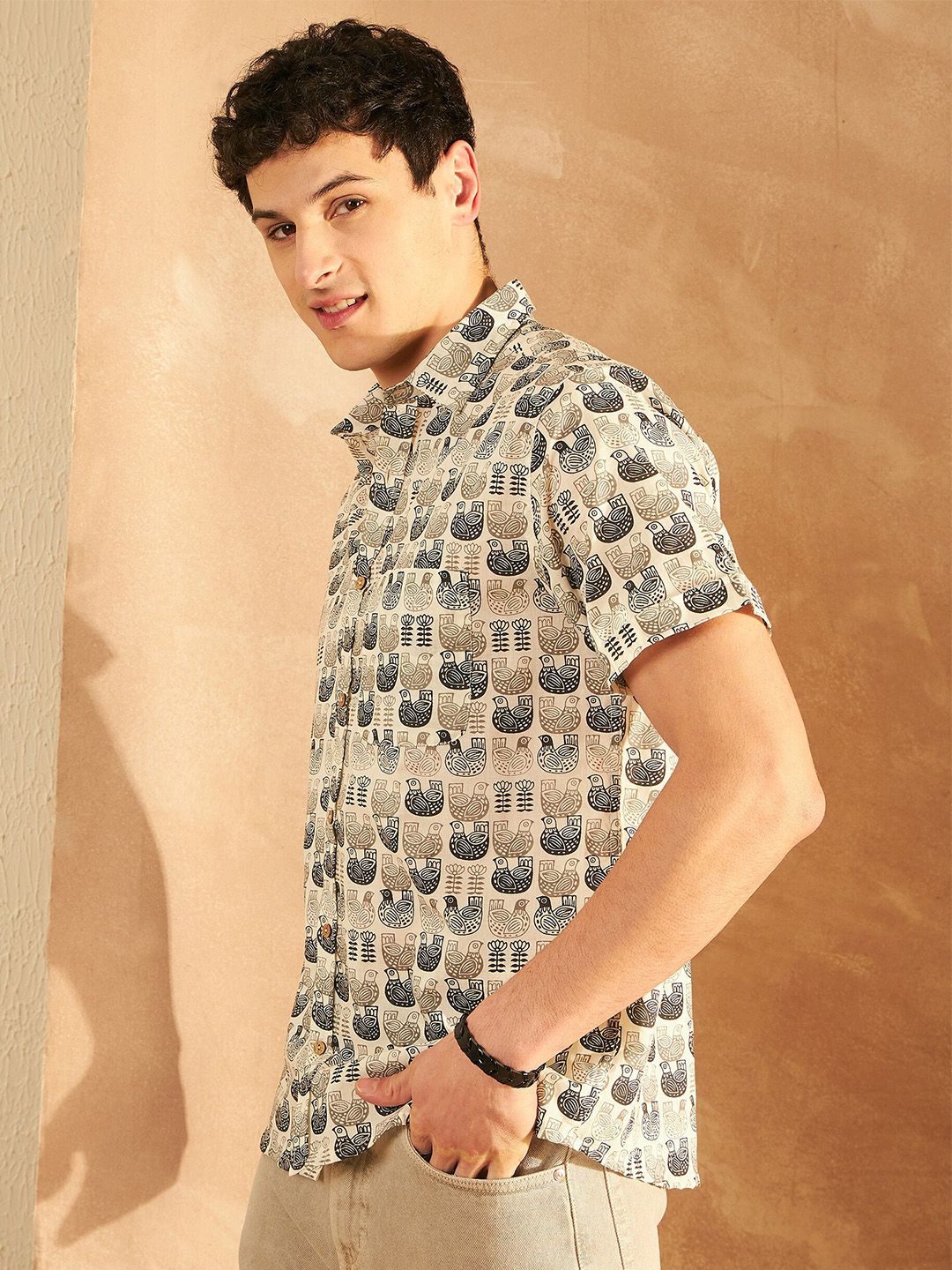 DENNISON Smart Ethnic Motifs Printed Spread Collar Pure Cotton Oversized Lightweight Shirt